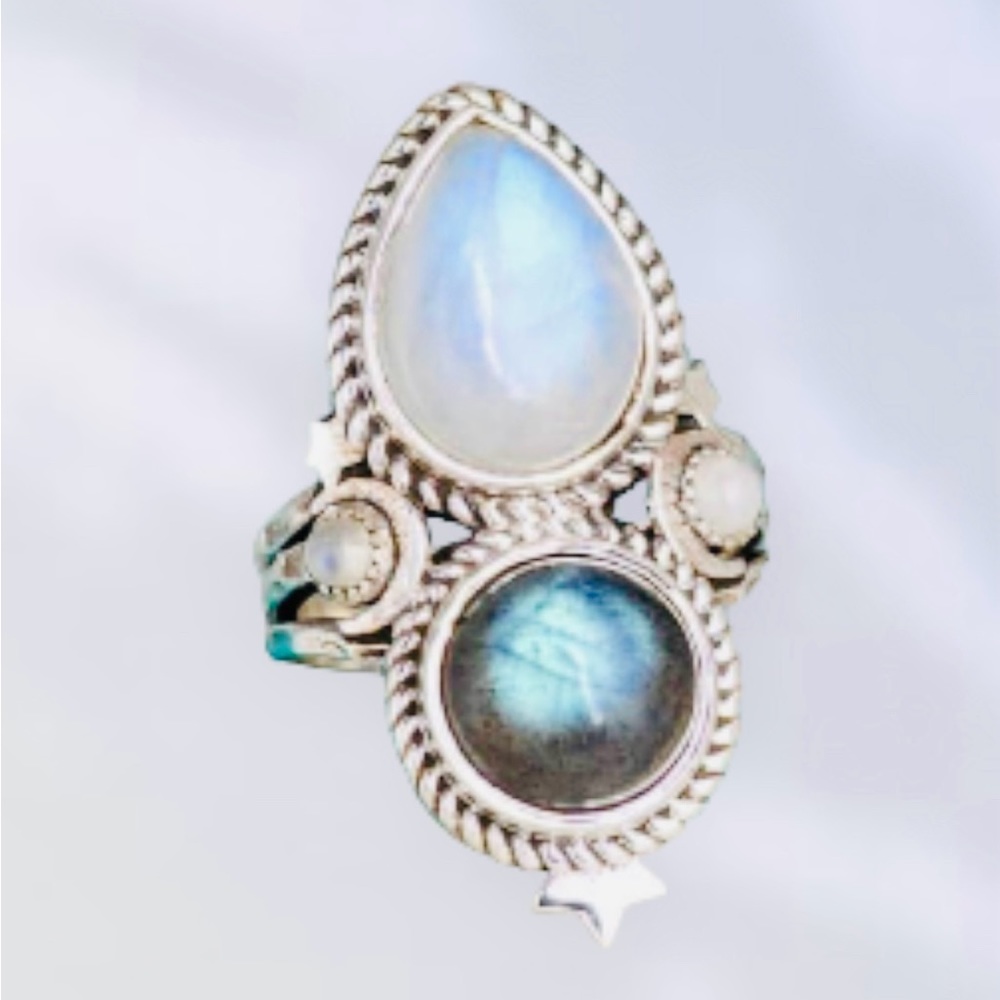 Custom Made Rainbow Moonstone and Labradorite Solid Sterling Silver Ring